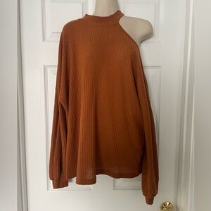 Rusty Orange Waffle Cold Shoulder Tunic Top
